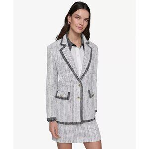 Karl Lagerfeld Women's Two Tone Tweed Blazer With Trim Size 10 Grey- NWT